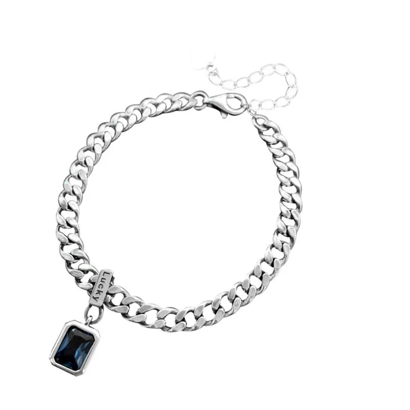 Pulseira CHUHAN popular de prata esterlina 925 com cristal azul quadrado e pingente em formato geométrico