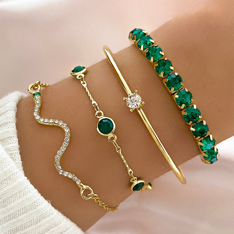 Conjunto de 4 peças de pulseiras de metal com imitação de cobra e strass