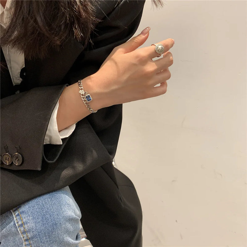 Pulseira CHUHAN popular de prata esterlina 925 com cristal azul quadrado e pingente em formato geométrico