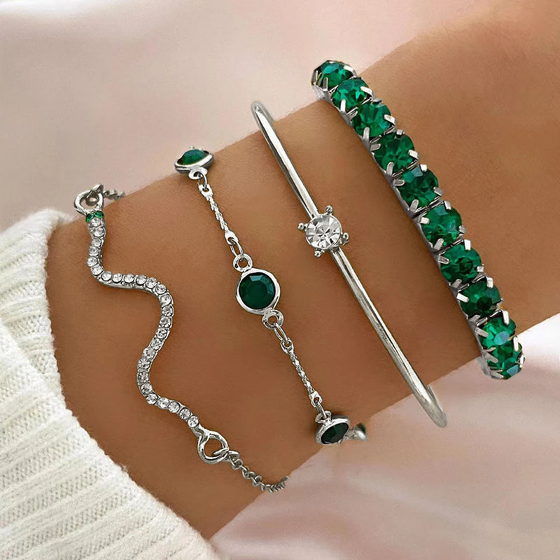 Conjunto de 4 peças de pulseiras de metal com imitação de cobra e strass