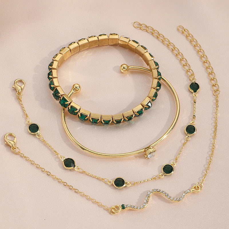 Conjunto de 4 peças de pulseiras de metal com imitação de cobra e strass