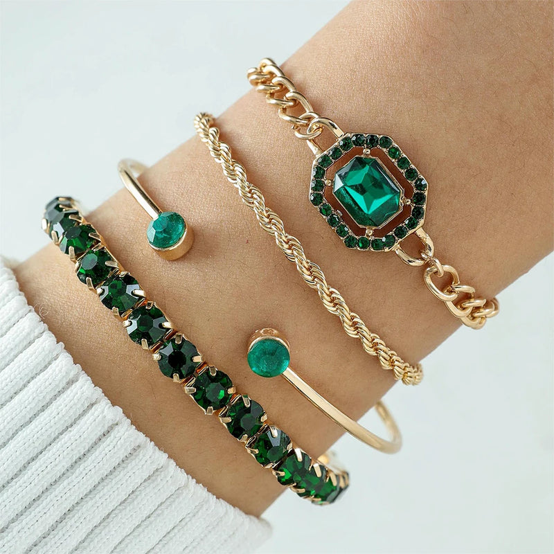 Conjunto de 4 peças de pulseiras de metal com imitação de cobra e strass