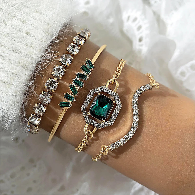 Conjunto de 4 peças de pulseiras de metal com imitação de cobra e strass