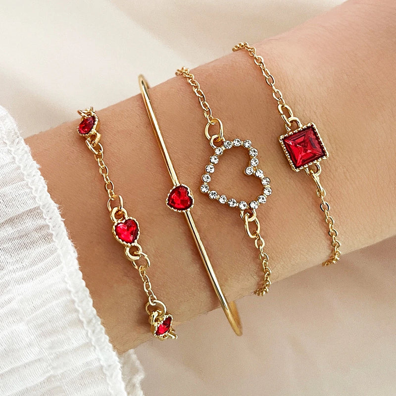 Conjunto de 4 peças de pulseiras de metal com imitação de cobra e strass