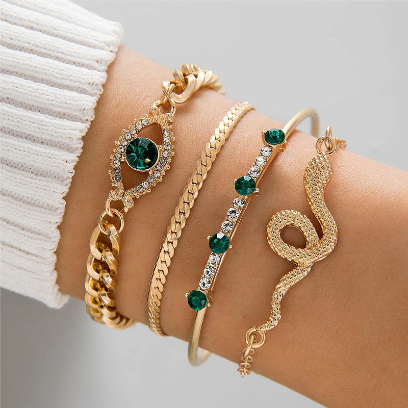 Conjunto de 4 peças de pulseiras de metal com imitação de cobra e strass