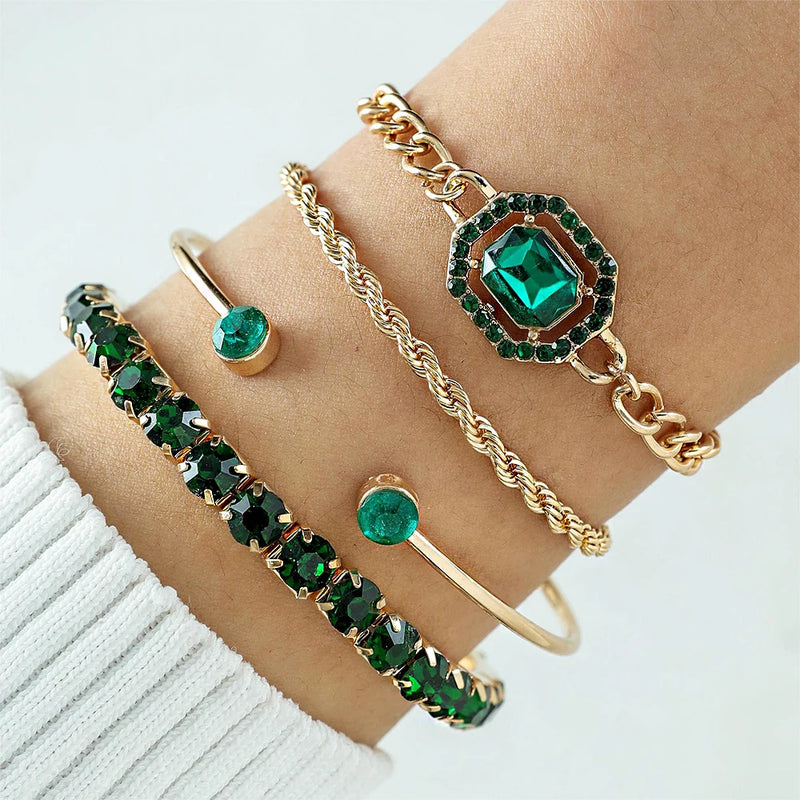 Conjunto de 4 peças de pulseiras de metal com imitação de cobra e strass